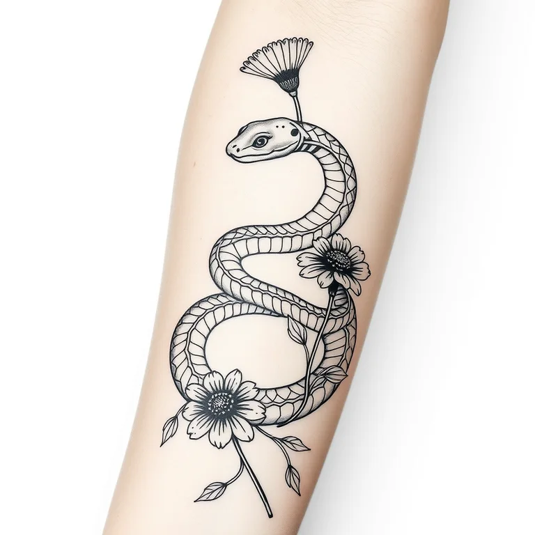 Botanical snake: blackwork tattoo flash of a garden snake winding through calendula flowers, confident mood, clean studio lighting, vertical forearm composition, bold readable linework on plain paper