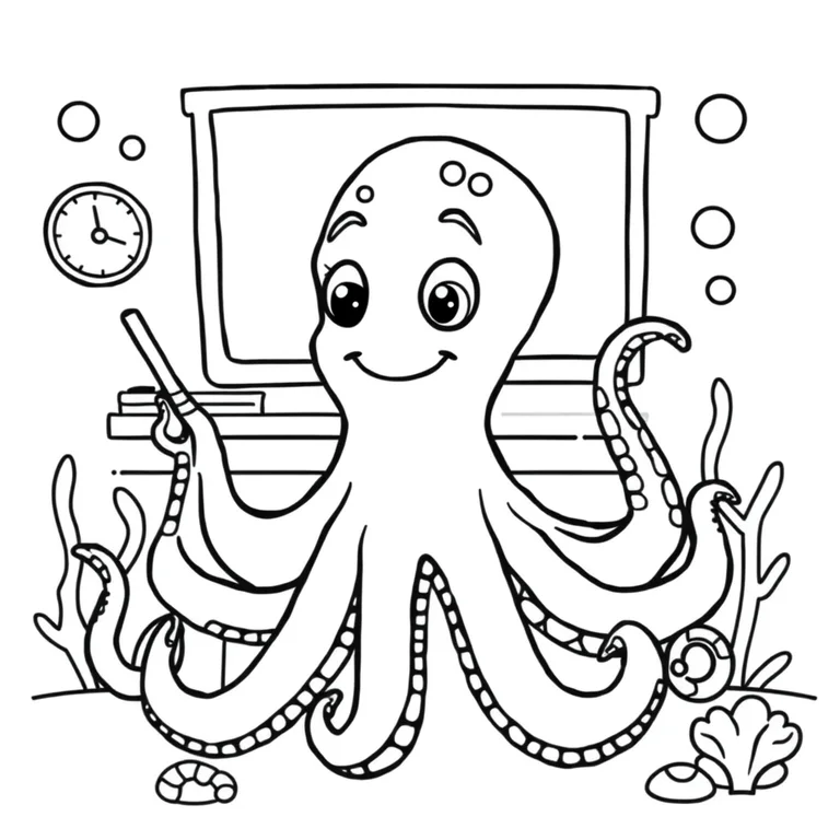 Ocean classroom: printable coloring page of an octopus teaching a cheerful underwater classroom, friendly mood, even flat lighting, wide scene composition, clean thick black outlines, white background, no shading